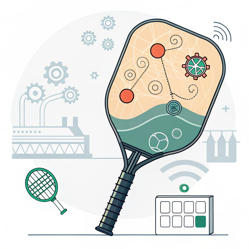 Simplified flat design of a pickleball paddle showing surface defects and quality control elements.