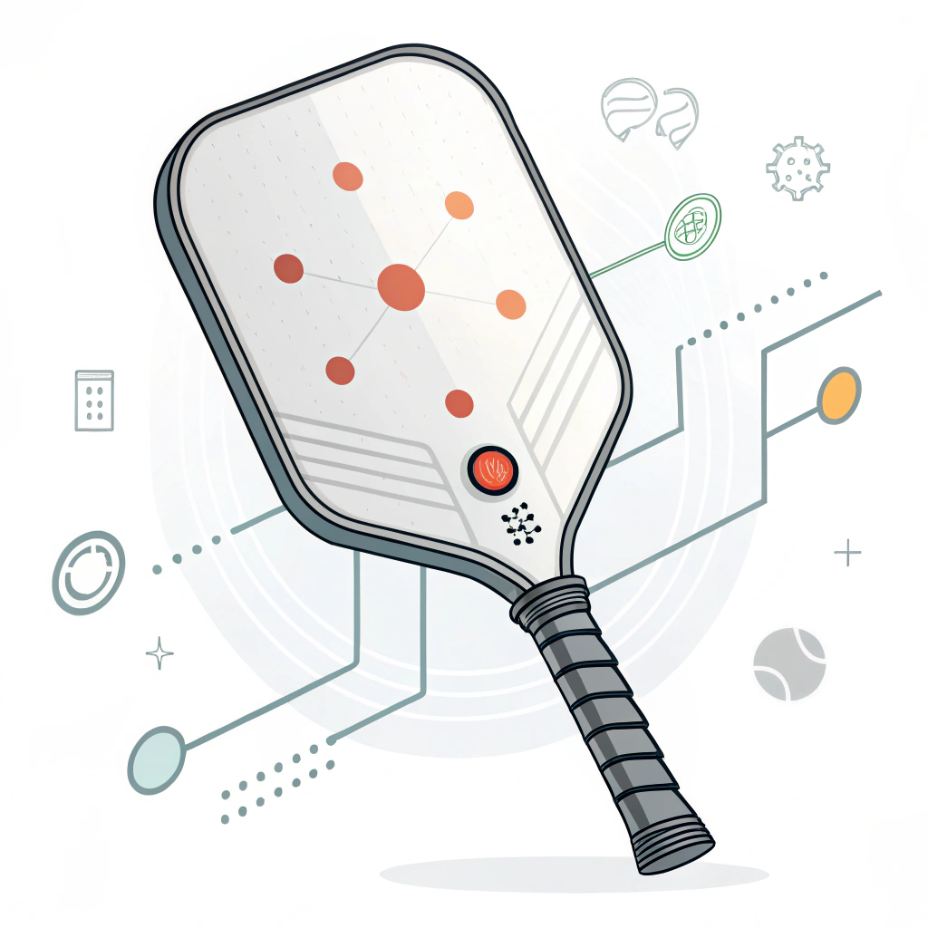 Minimalist 2D illustration of a pickleball paddle with integrated sensor icons.