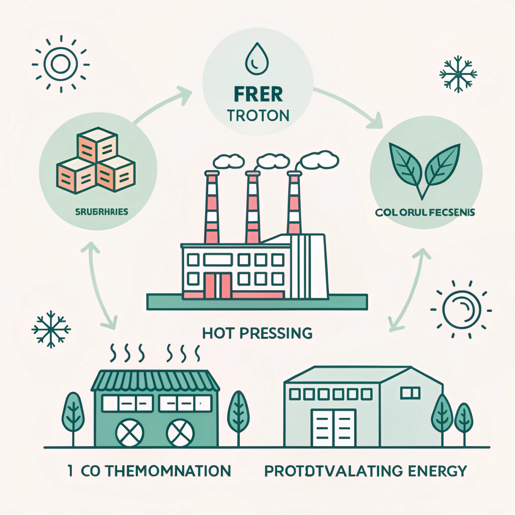 Minimalist flat design of a manufacturing plant with icons for sustainable production methods.