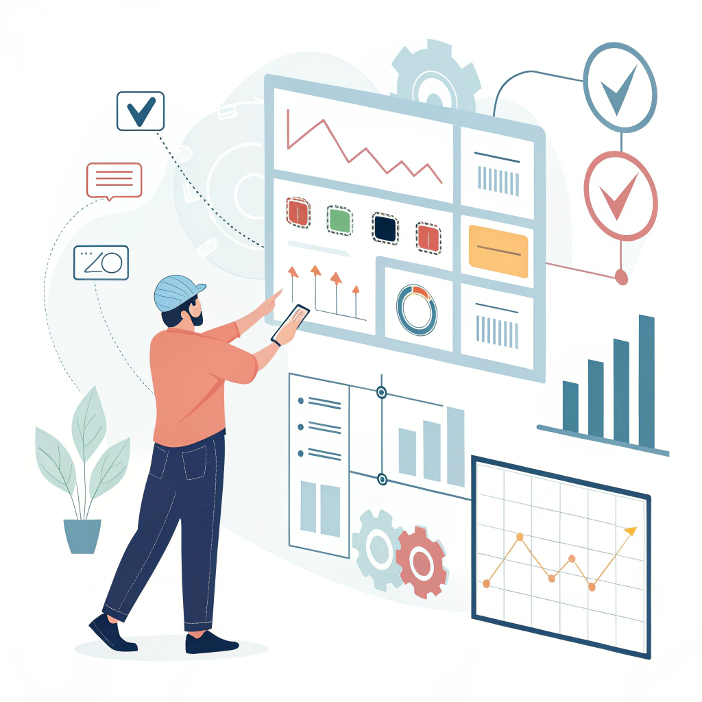 Simplified 2D illustration of production process mapping with digital dashboards and sensors.