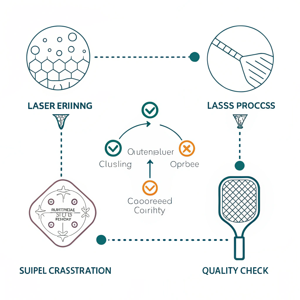 Minimalist 2D diagram showing the step-by-step laser engraving process for pickleball paddle customization.