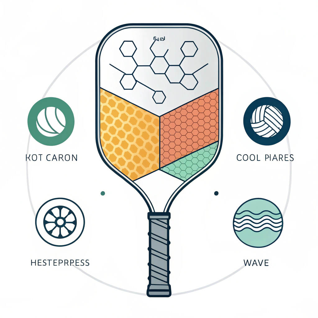 Minimal 2D illustration featuring a layered composite pickleball paddle with abstract production elements and icons.