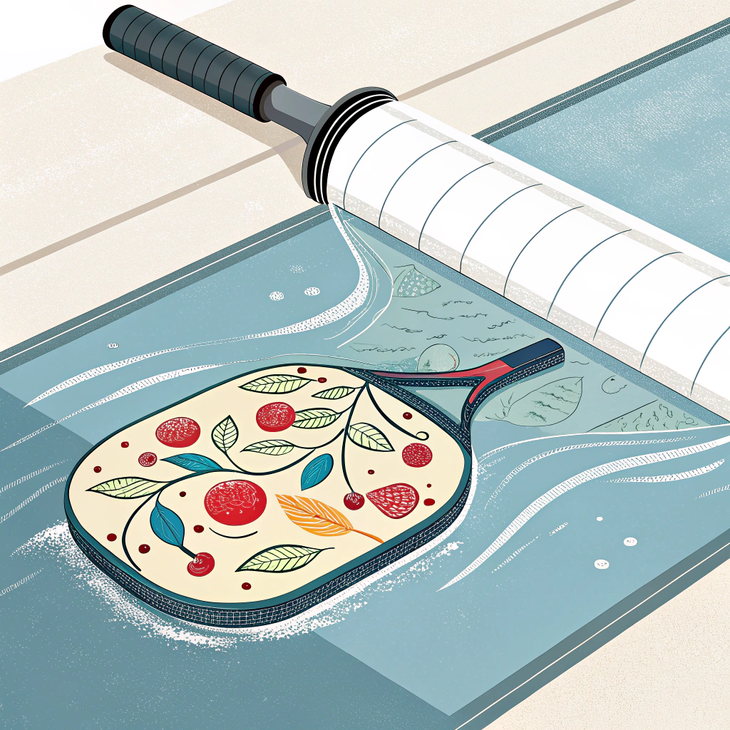 2D minimalist illustration of water transfer printing on a pickleball paddle