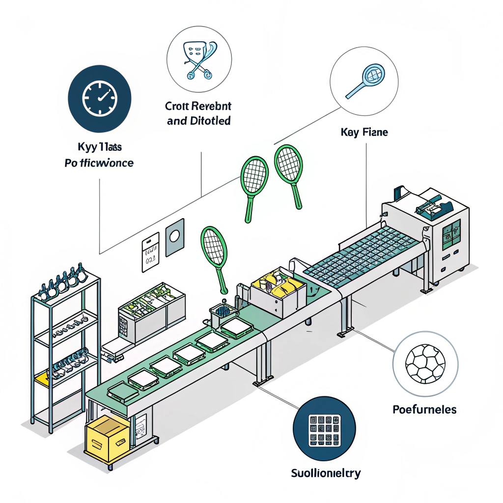 "Minimal 2D illustration showing pickleball manufacturing with KPI icons and machinery."