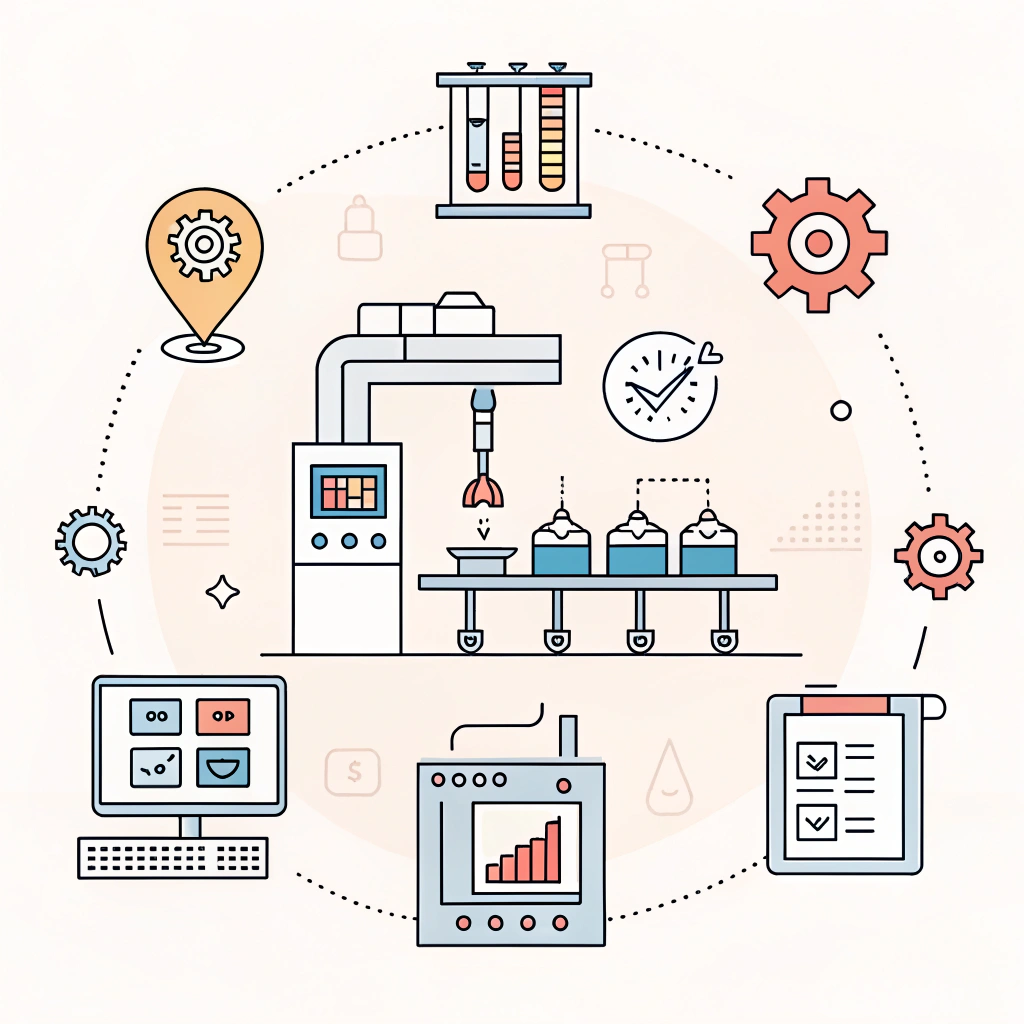 Flat design illustration of machinery and sensors in manufacturing