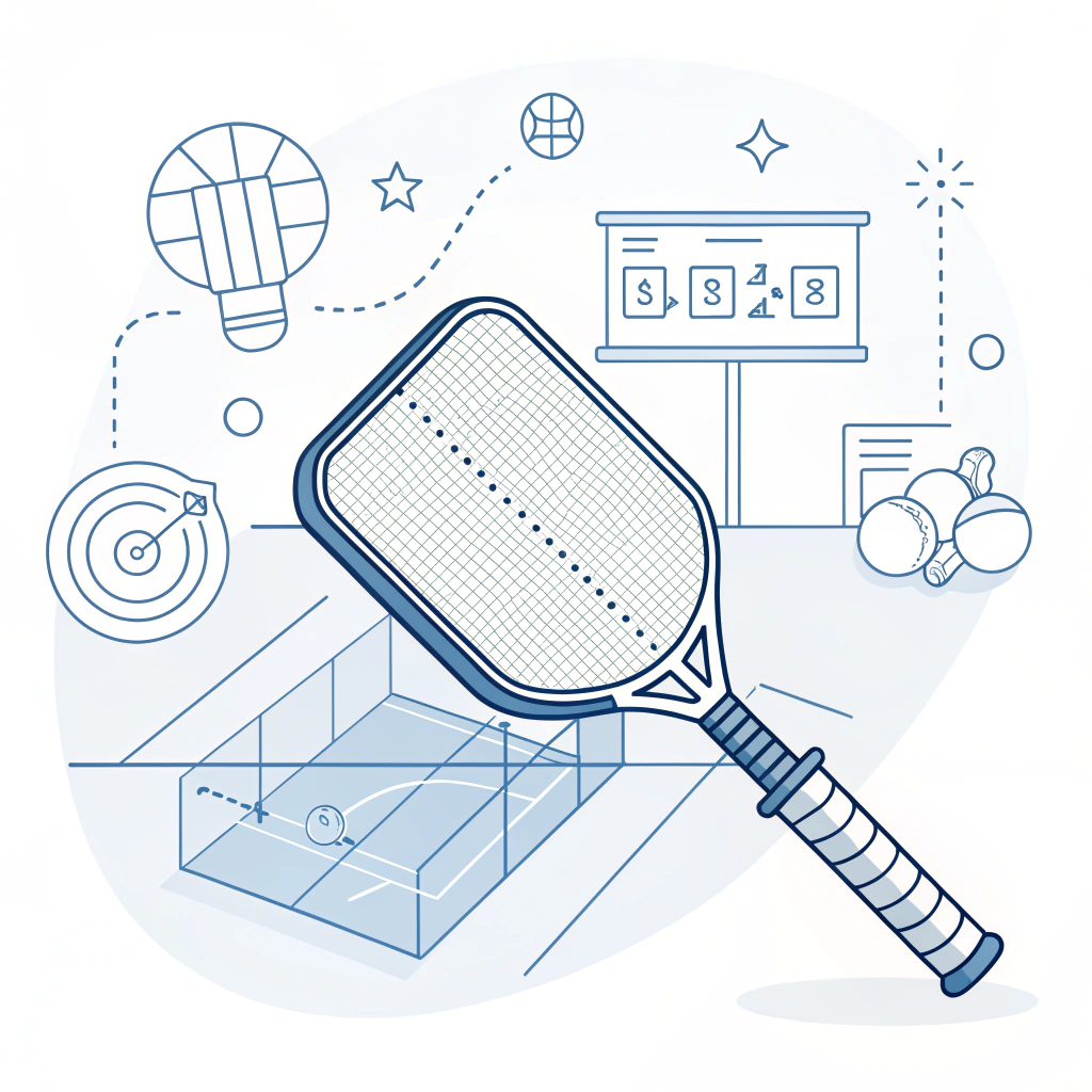 2D minimal illustration of a pickleball paddle in lab testing and dynamic court play scenes