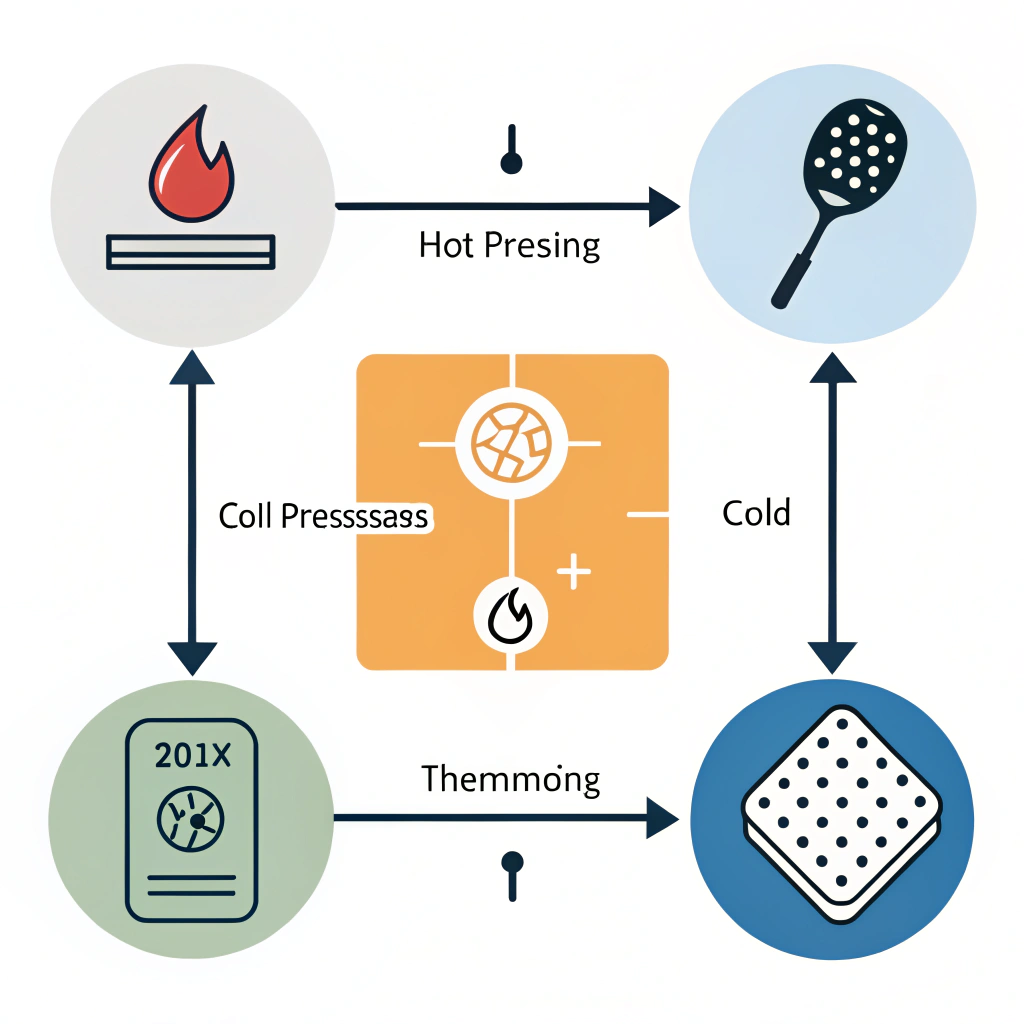 Minimalist diagram representing hot pressing, cold pressing, and thermoforming in pickleball paddle manufacturing.