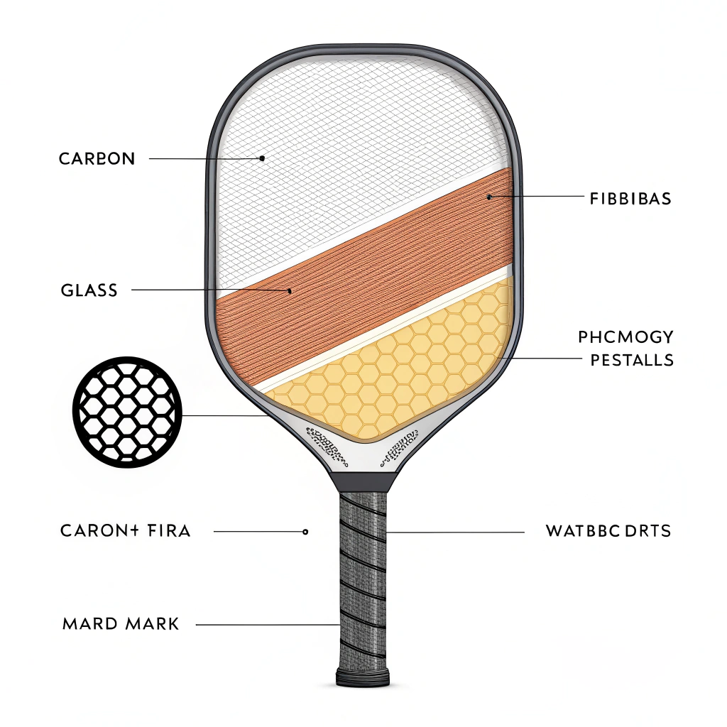 Minimal 2D illustration showing layered material structure of a pickleball paddle cross-section.