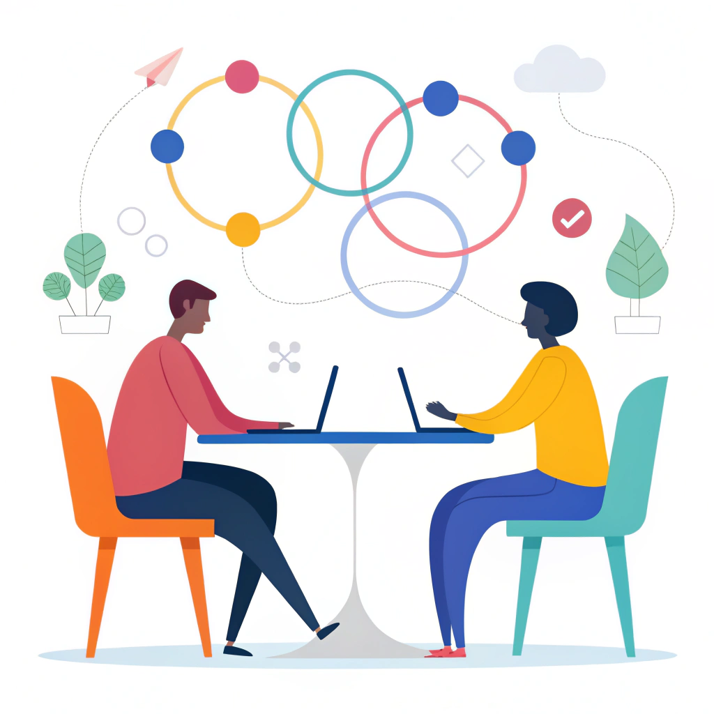 Minimalist flat design illustration of abstract figures engaging in strategic business negotiation