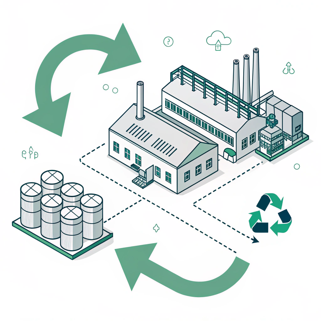 Minimalistic illustration of a closed-loop recycling system at a manufacturing facility