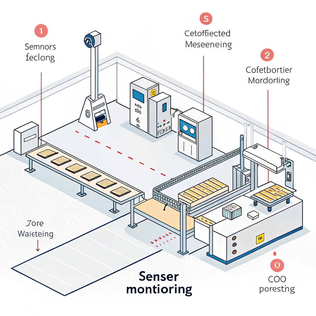 Minimal flat design illustration depicting optimized production with calibrated equipment and sensors in a factory.