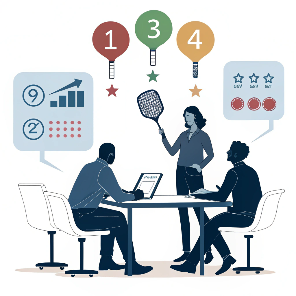 Minimal illustration of a procurement meeting reviewing ergonomic paddle designs