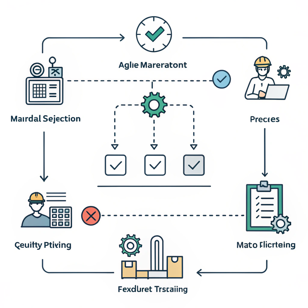Minimalist flowchart illustration showing agile manufacturing steps for pickleball paddles