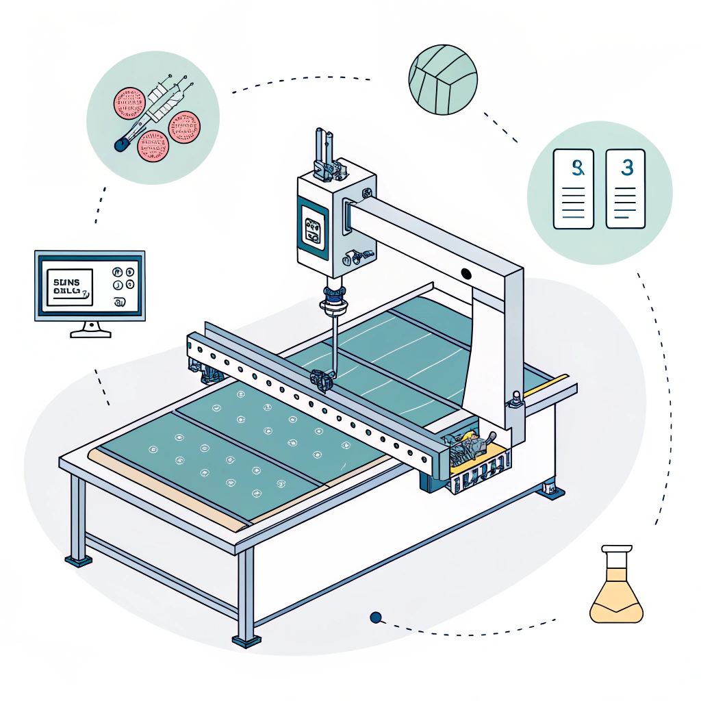 2D illustration of a CNC machine with sensors processing advanced composite materials for paddle production