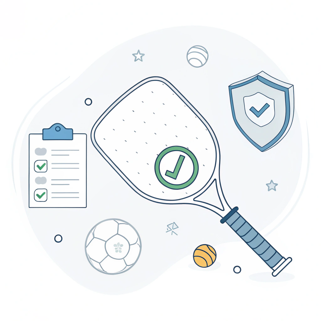 Minimalist illustration of a pickleball paddle with warranty protection symbols in flat design