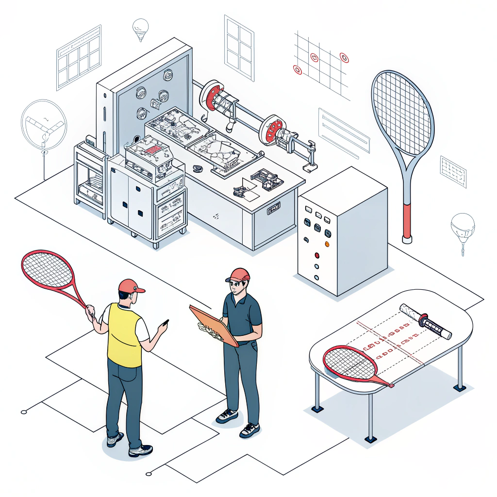 Minimalist illustration of engineers prototyping pickleball paddles in a modern workshop