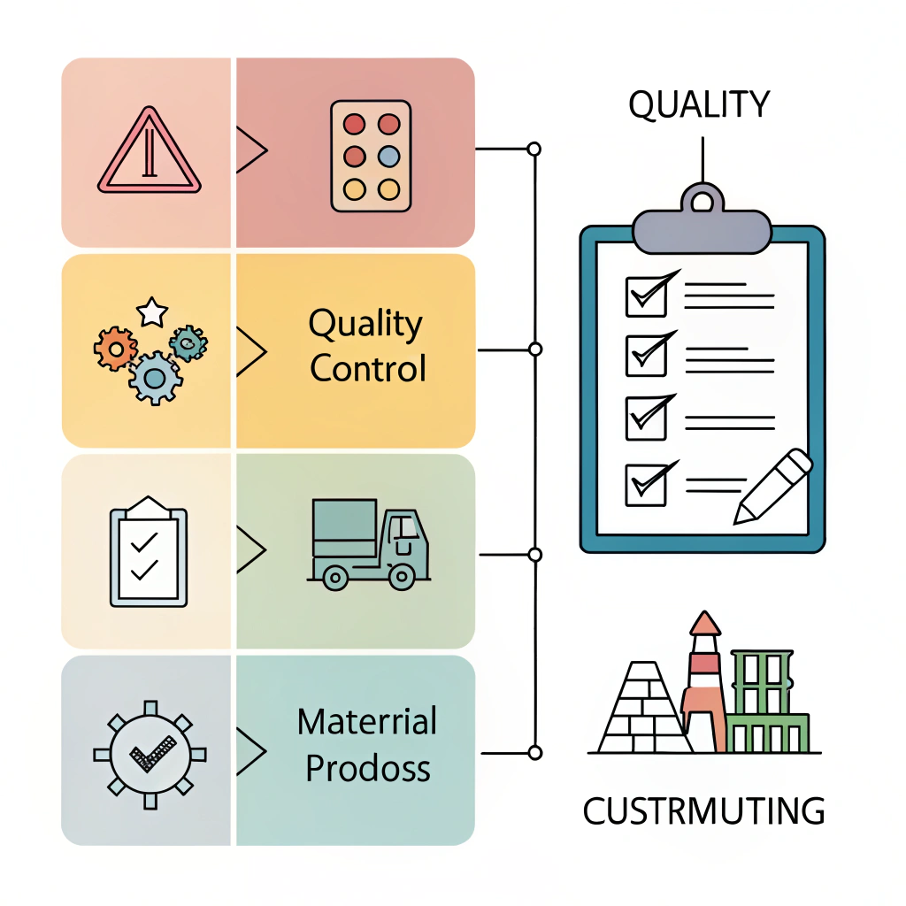Clean infographic with abstract icons depicting manufacturing quality criteria.