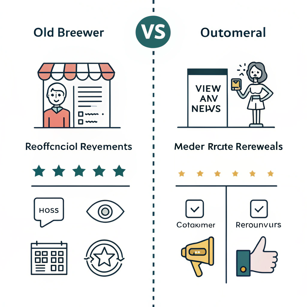 Minimal flat illustration comparing traditional marketing icons versus modern social proof elements