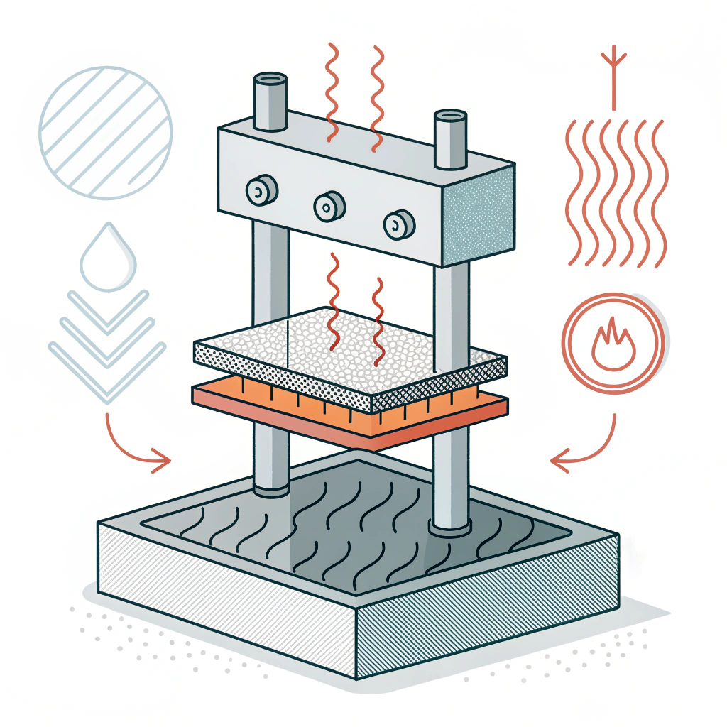 Minimal 2D illustration of hot pressing with temperature and pressure elements in resin molding
