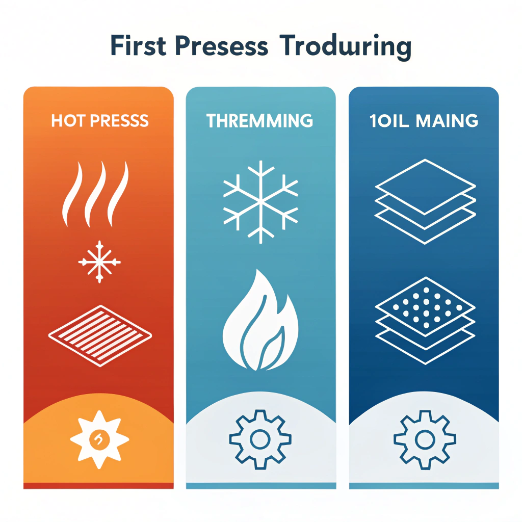 Flat design illustration of three panels symbolizing hot pressing, cold pressing, and thermoforming in sports equipment.