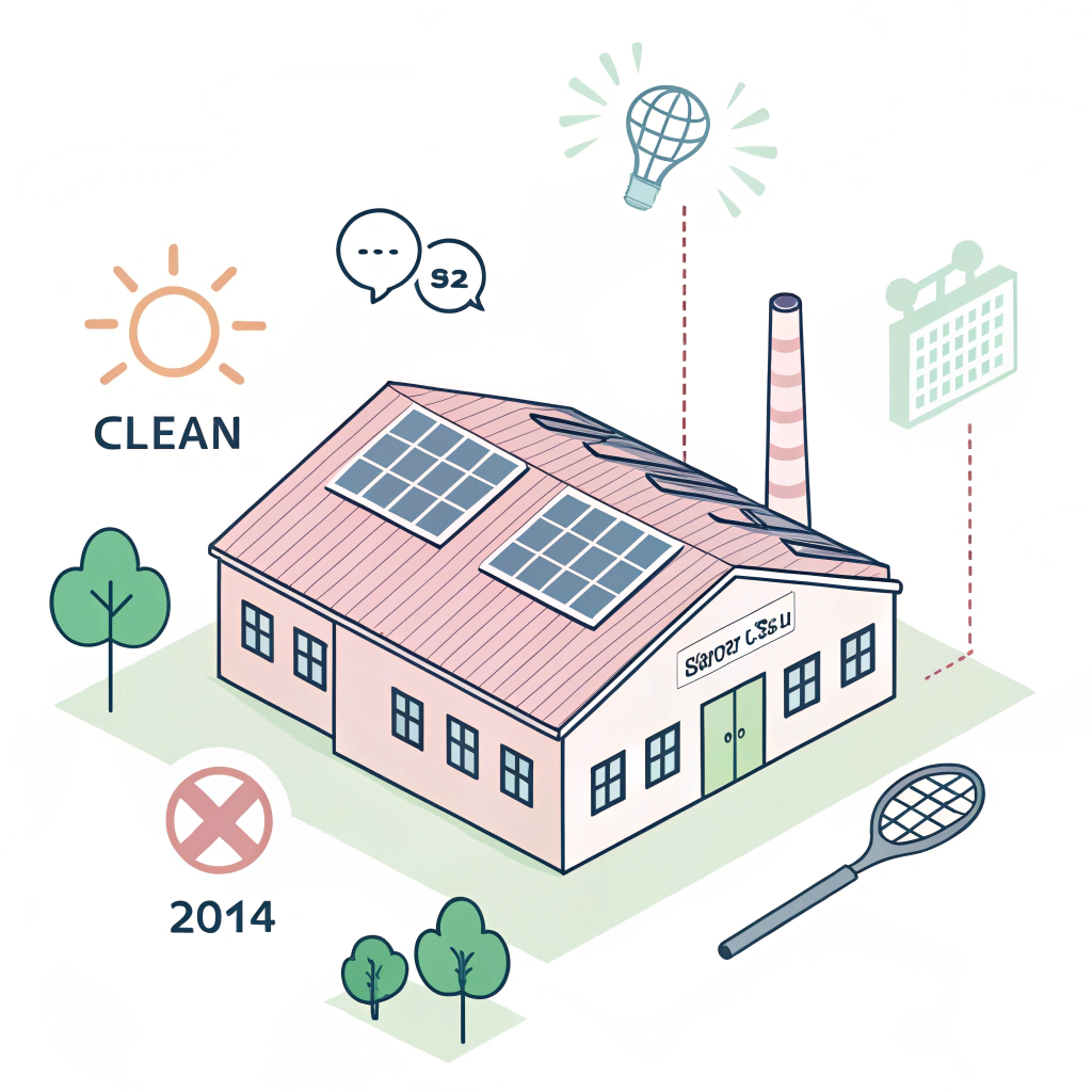 Clean 2D illustration of a factory utilizing solar panels for sustainable paddle production