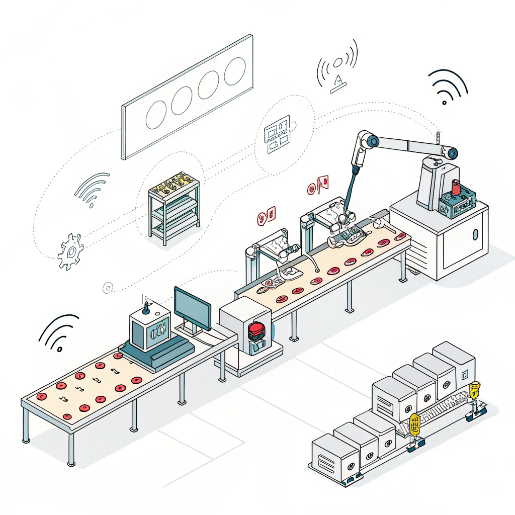 Minimalist illustration of a smart factory with robotic arms and IoT sensors in production.