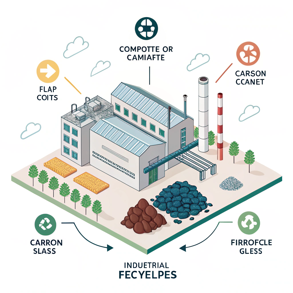 Minimalistic illustration of an eco-friendly factory evaluating recycling waste streams
