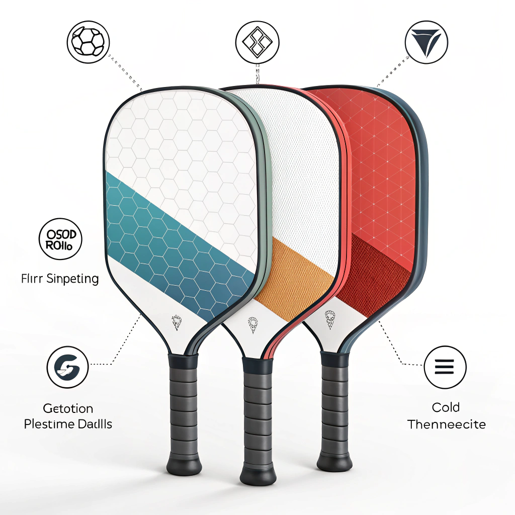 Minimalist 2D illustration of advanced pickleball paddle design and manufacturing concepts.