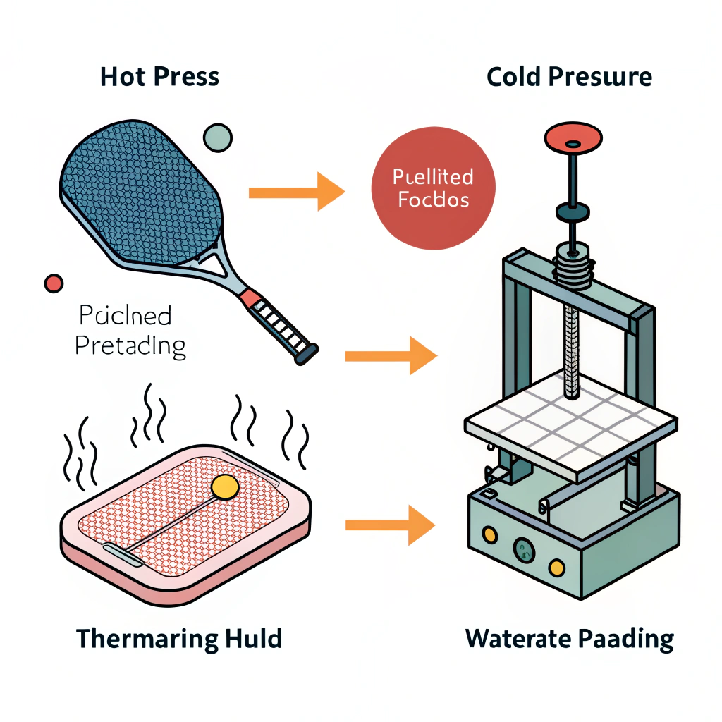 Minimalistic illustration of hot pressing, cold pressing, and thermoforming processes in paddle production.