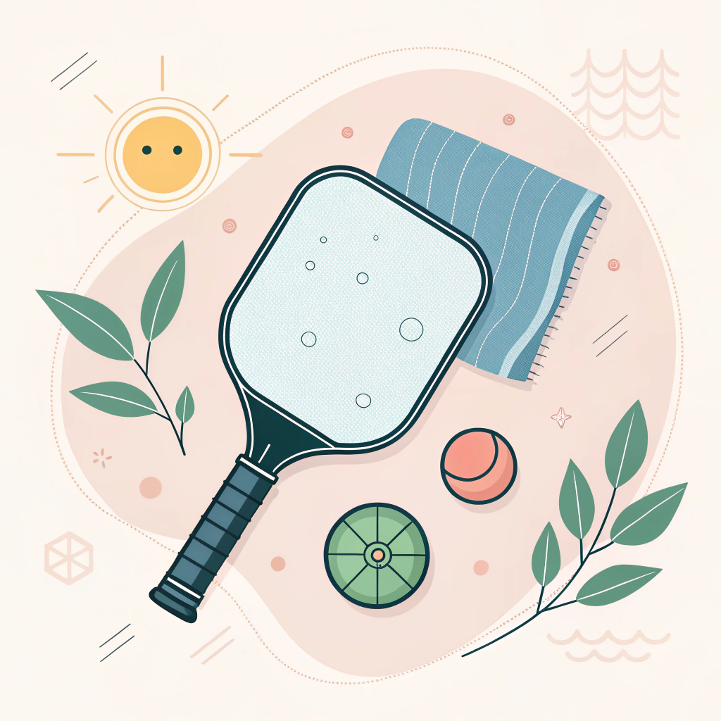 Minimalist 2D illustration showing a pickleball paddle with cleaning elements.