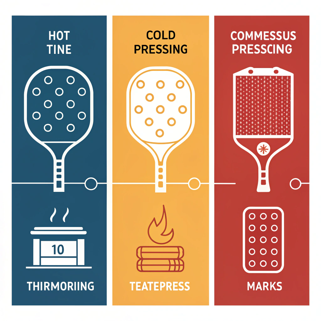 Simple abstract depiction of hot pressing, cold pressing, and thermoforming production processes.