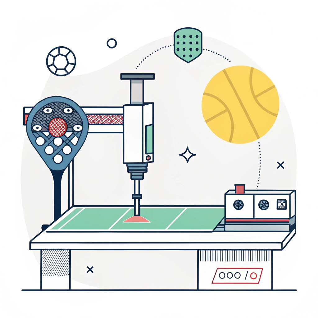 Minimalist 2D illustration of a CNC machine cutting composite materials for pickleball paddle production.