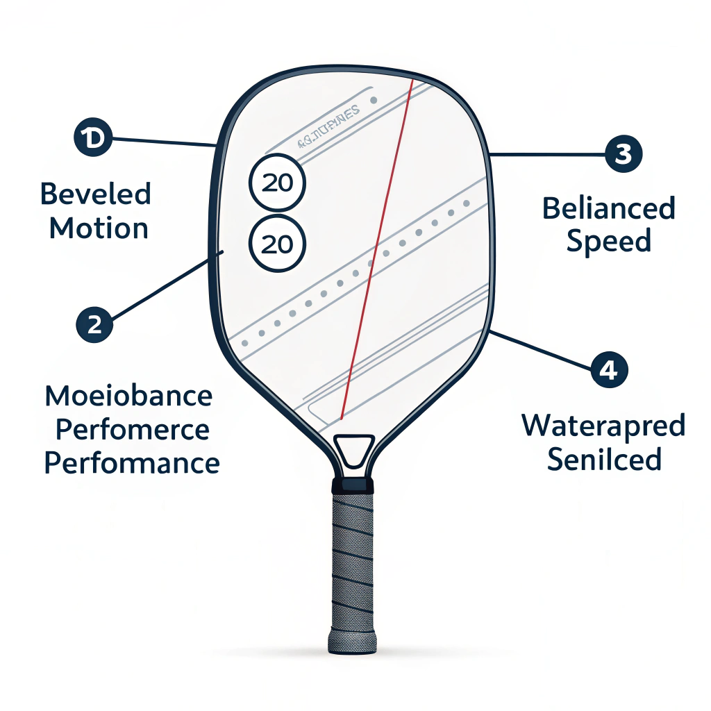 Minimal illustration of an advanced pickleball paddle design showcasing dynamic movement and optimized edge bevel for improved performance.