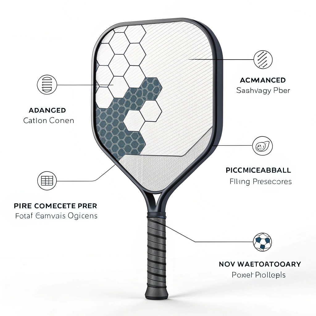 Minimalist illustration of advanced materials in a futuristic pickleball paddle design