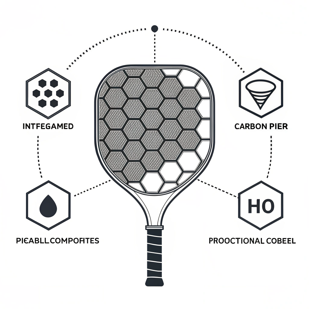 Minimalistic illustration of advanced materials and techniques merging into a modern pickleball paddle