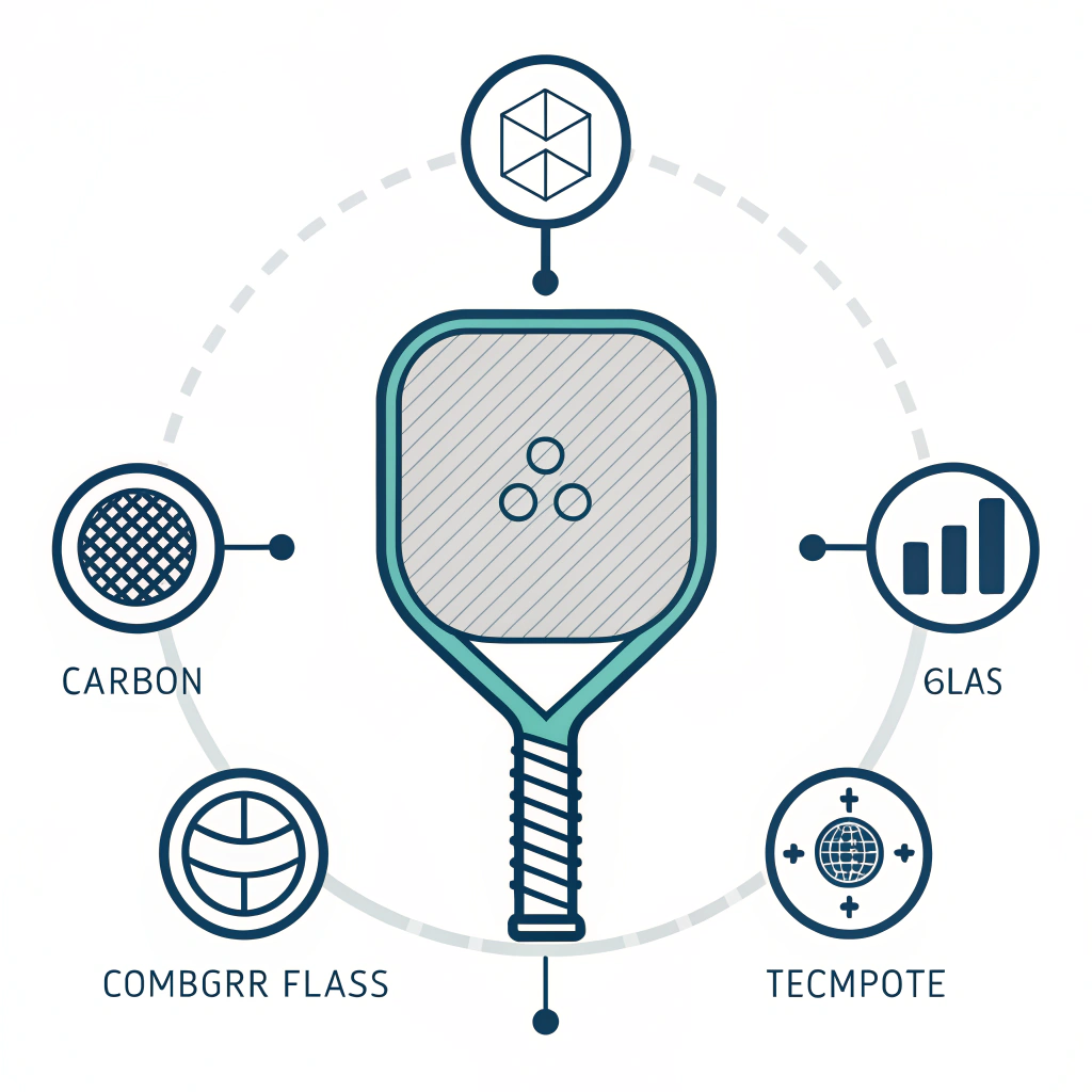 Flat 2D illustration of a pickleball paddle with abstract material and process icons