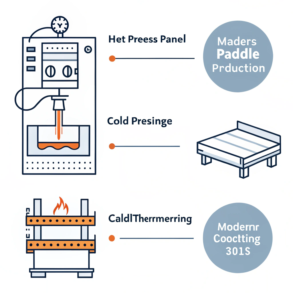 Minimalistic 2D illustration showing three paddle manufacturing processes in abstract form