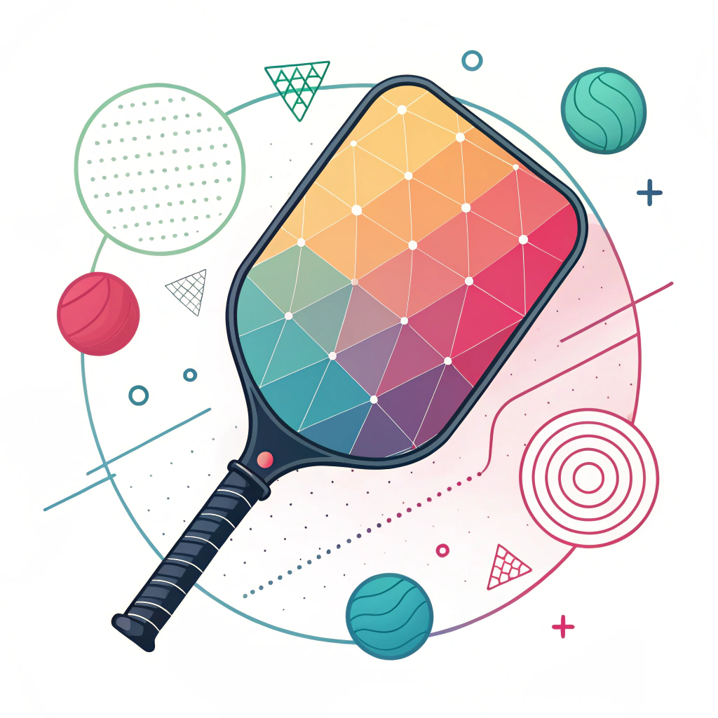 Minimalist illustration of a custom pickleball paddle with vibrant Pantone colors and abstract production symbols