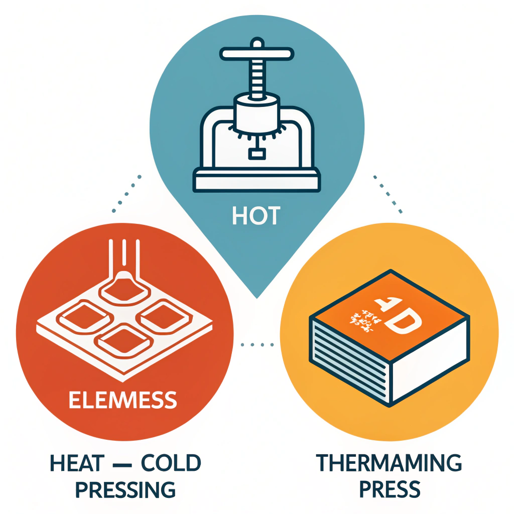 Minimal flat illustration of three manufacturing process icons for pickleball paddles.