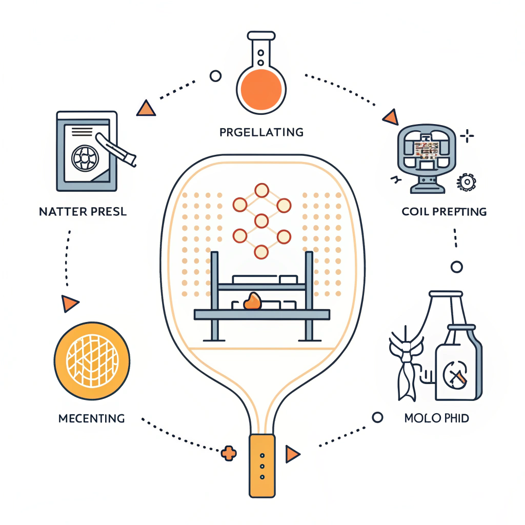 Minimalist illustration showing pickleball paddle prototyping with abstract production process icons.