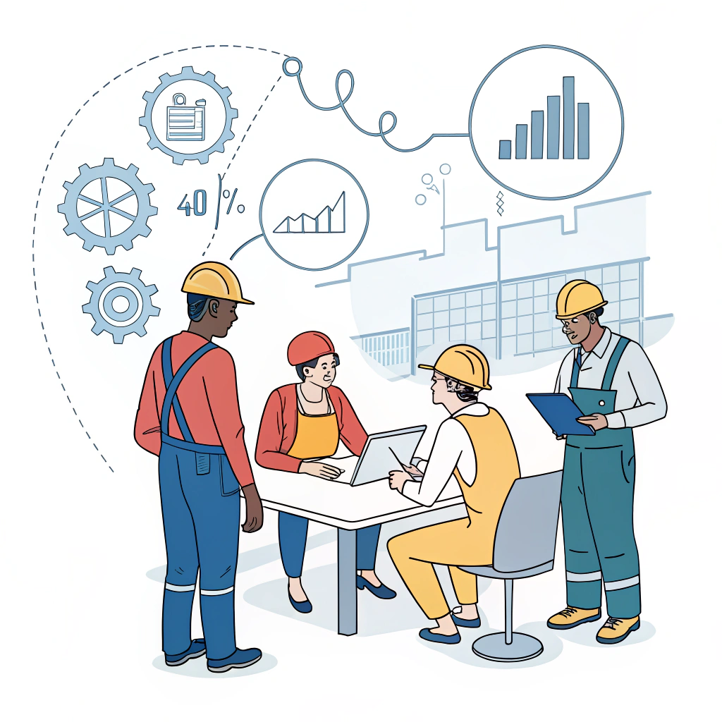 Minimalist 2D illustration of a factory team collaborating on lean production strategies