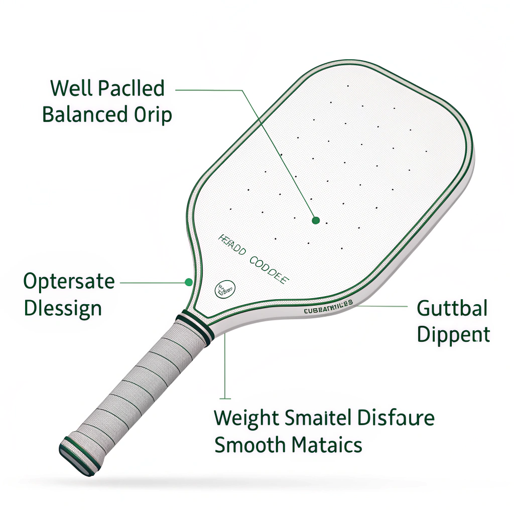 Minimalist illustration of a pickleball paddle emphasizing ergonomic grip and balanced design for comfort.