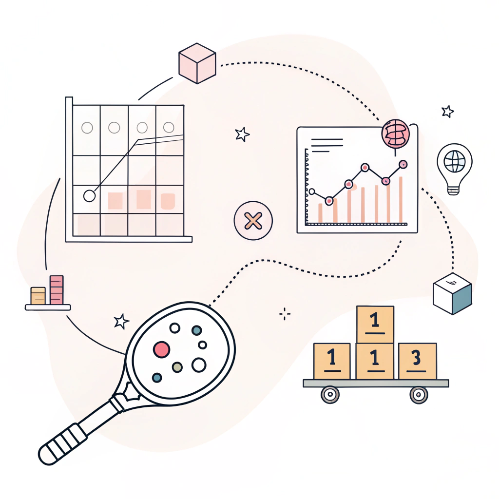 Minimalist 2D illustration with forecasting charts, a pickleball paddle, and supply chain icons.