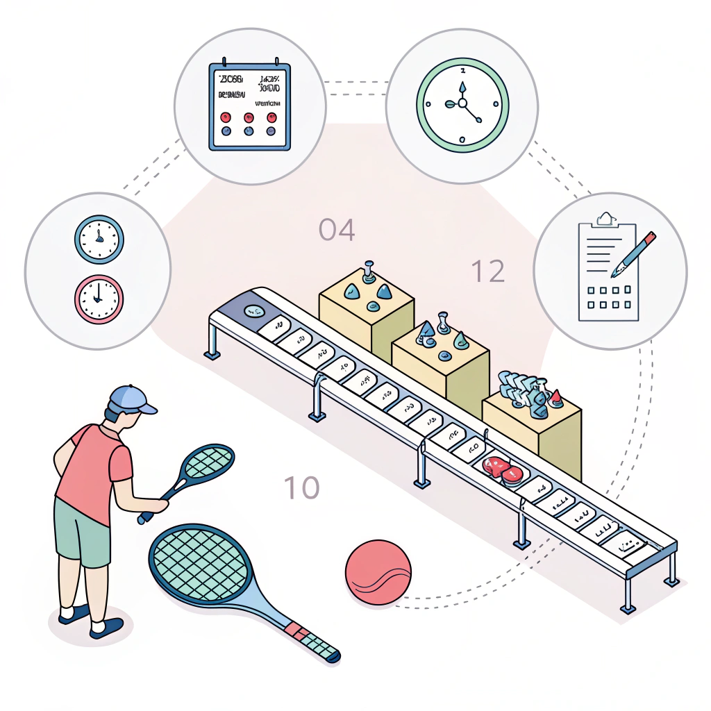 2D flat design illustration of quality control monitoring in pickleball paddle manufacturing.