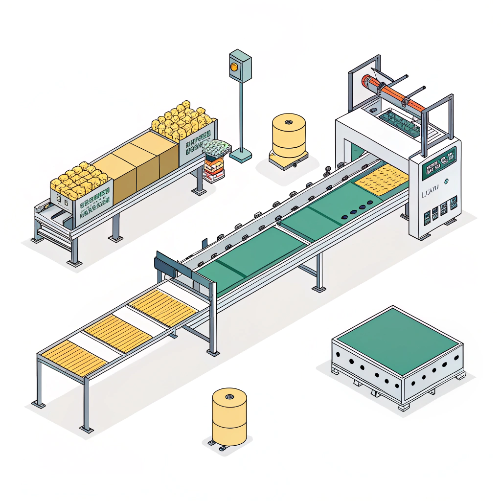 2D minimalist illustration of a modern pickleball paddle production line with lean design