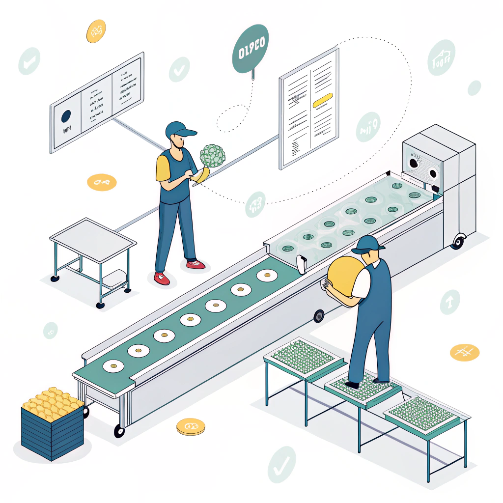 Minimal 2D illustration of factory production lines measuring KPIs in pickleball manufacturing.