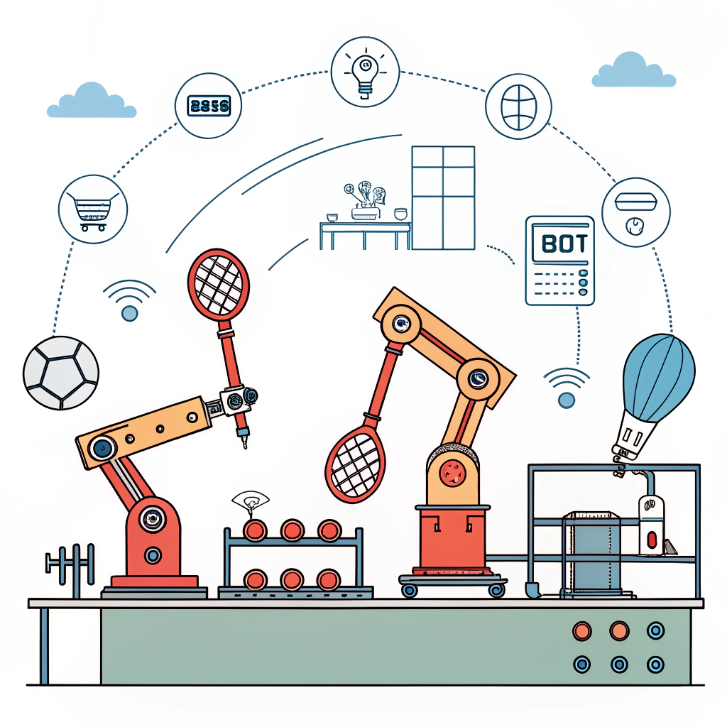 Minimal 2D illustration of a smart factory with automation and IoT in paddle production