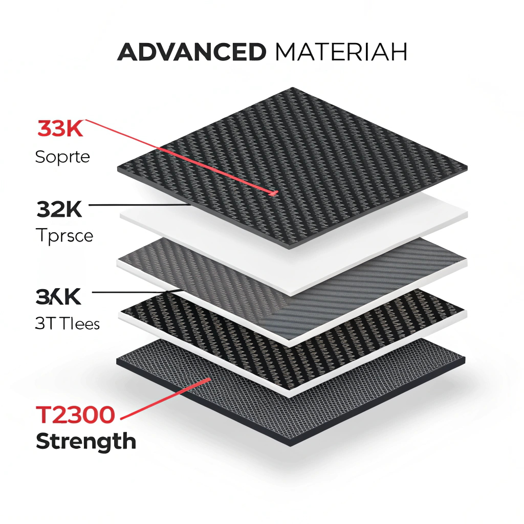 Minimalist 2D graphic of layered carbon fiber representing advanced materials.