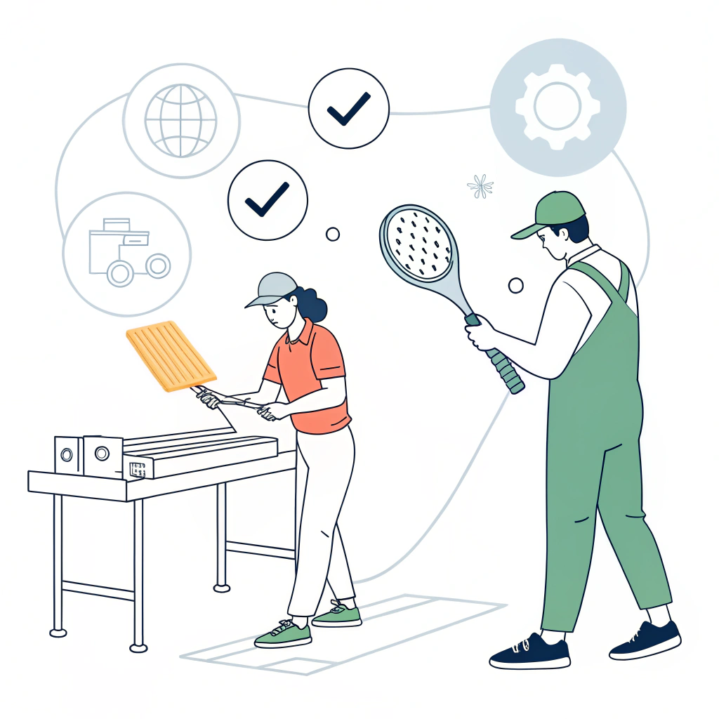 Minimalist illustration of quality control and customization in pickleball paddle production.