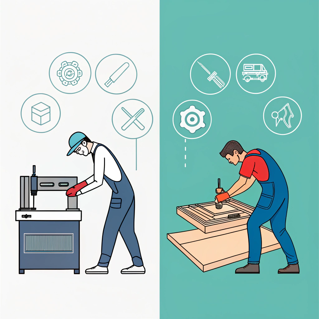 Minimal illustration comparing CNC cutting with traditional manual cutting methods